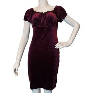 No Comment Burgundy Velvet Dress Puff Sleeve Empire Waist Mini Romantic